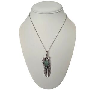 NWT Oval Stainless Steel Green Tourmaline Feather Pendant Necklace